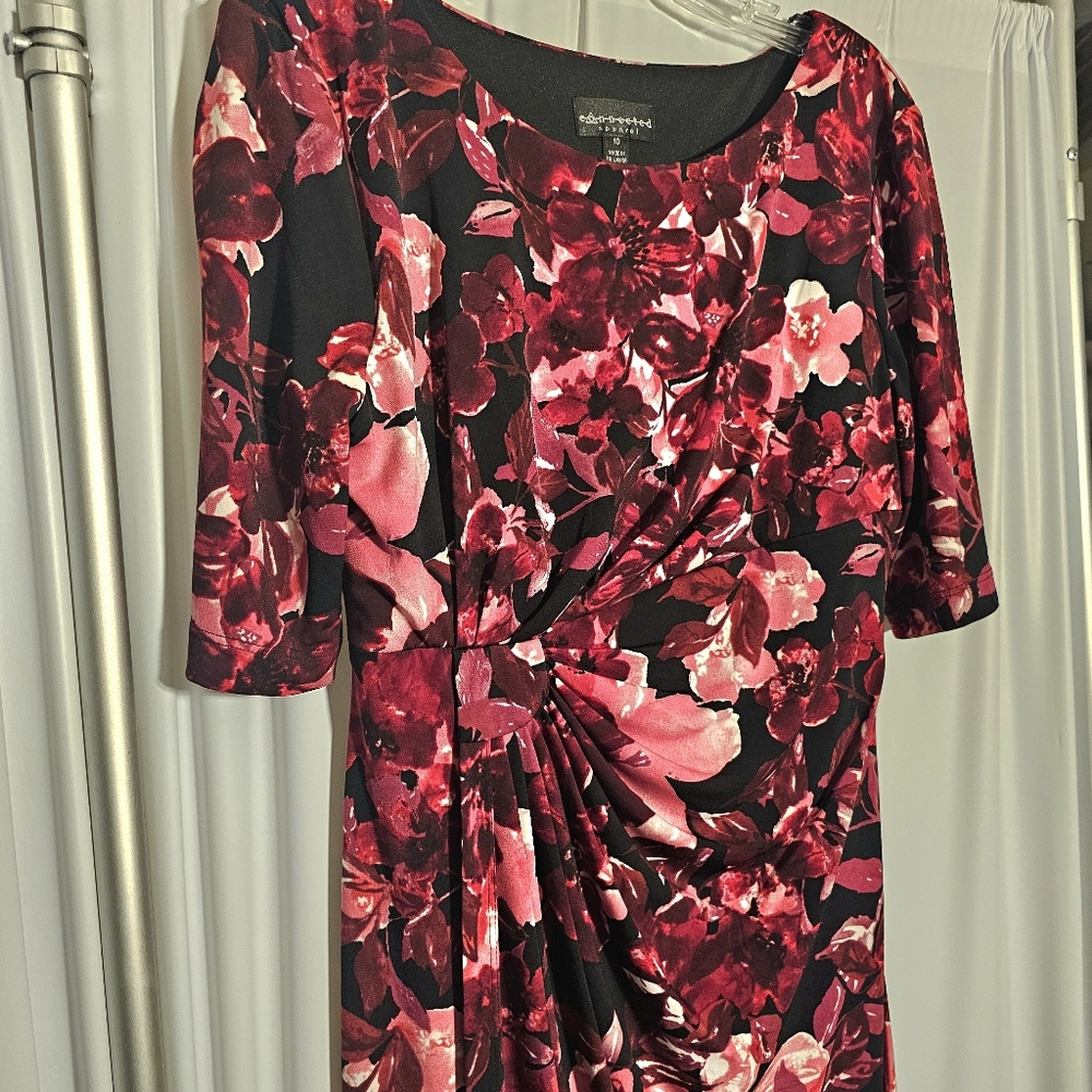 Connected Apparel Stretchy Black Red Pink Floral Rushed Wrap Style Dress 10 - Picture 3 of 5